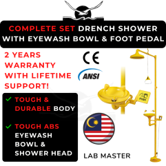 LAB MASTER/MALAYSIA Full Set Stainless Steel Emergency Shower Eyewash and ABS Safety Eyewash with Foot Pedal for Lab & Industrial Usage